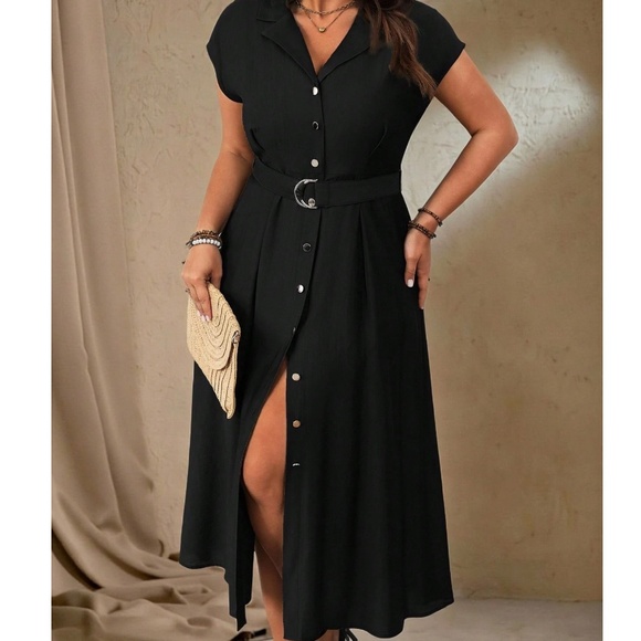  Plus Solid Button Down Belted Short Sleeve Midi Dress - Picture 1 of 10
